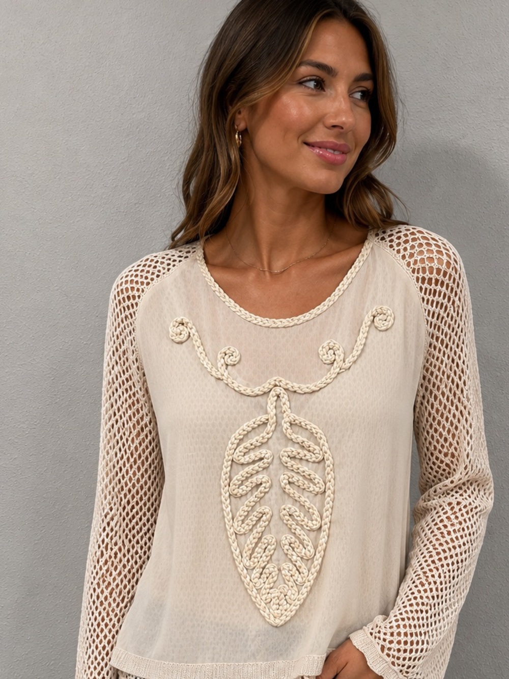 Simply Couture Open-Knit Cream Sweater Top